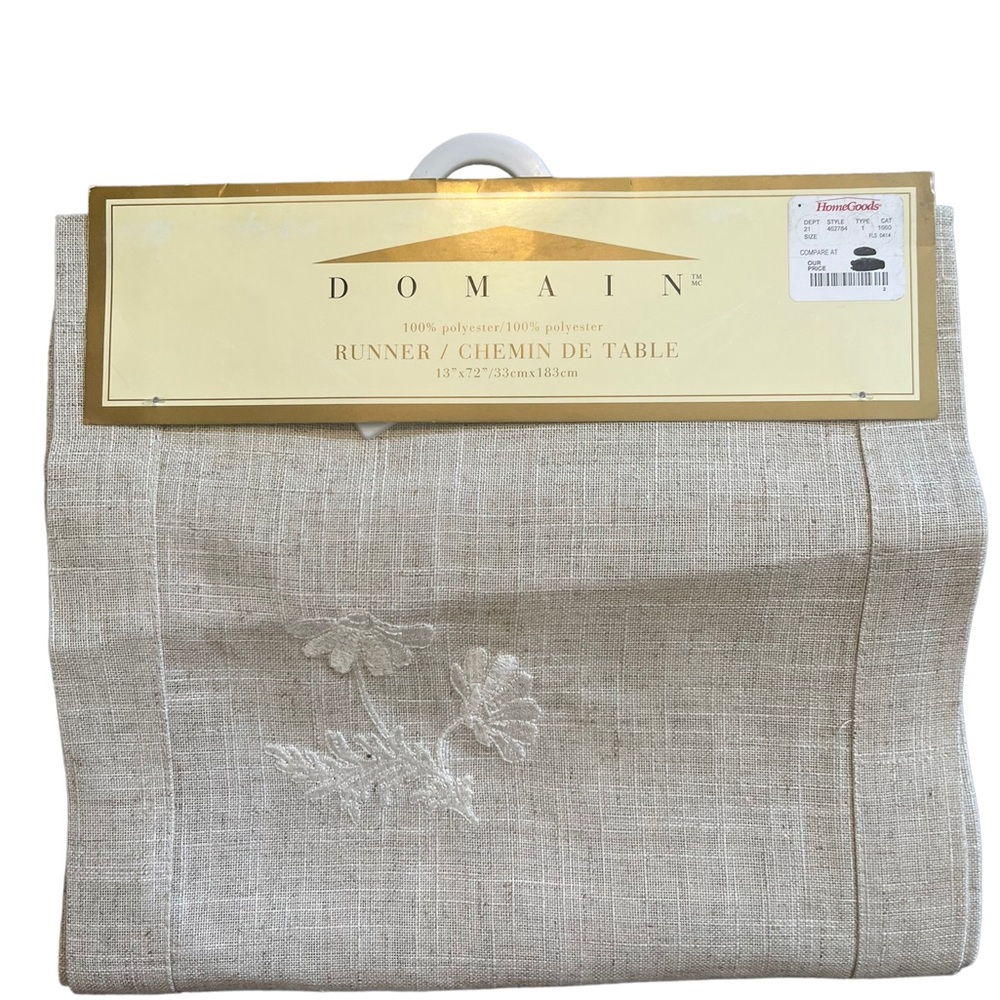Domain Beige Floral Embroidery All Occasions Everyday Table Runner 13”x72” NEW